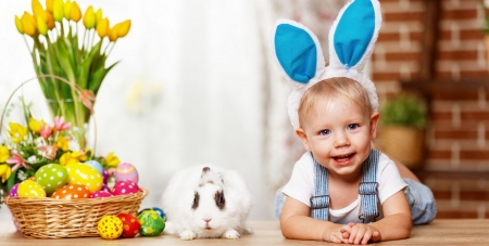 Happy Easter! - rabbit, blue, ears, bunny, copil, child, easter, boy, basket, cute, egg