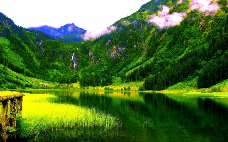 Green Mountains - trees, nature, green, landscape, lake, forest, mountains