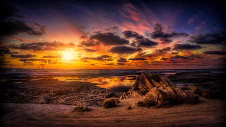 Colorful Sunset - clouds, coast, sea, rocks, sun, sky