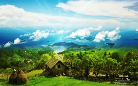 Dreamy Village House - house, trees, nature, green, sea, ocean, forest, mountains