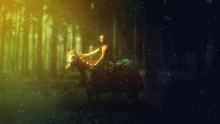 Paradise Keeper - women, trees, grass, forest, horse