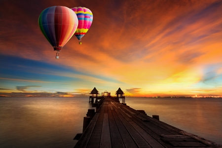 Sunset - Island, Hot air balloons, Bridge, Landscape, Beach