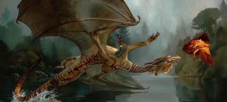 Chasing the Phoenix - water, wings, phoenix, fantasy, pasare, bird, heathertheurer, art, luminos, dragon