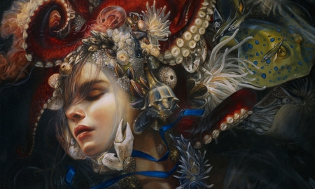 Blue ribbon - girl, sea, heathertheurer, marine, creature, pictura, fantasy, painting, face, art, luminos