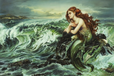 Drawn to the shore - vara, girl, summer, wave, fantasy, painting, heathertheurer, art, mermaid, siren, luminos, pictura, green, sea