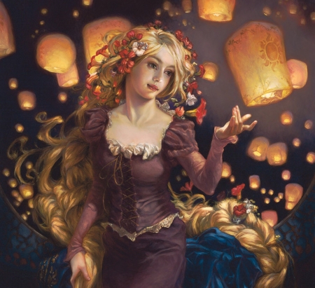 Rapunzel - rapunzel, yellow, girl, heathertheurer, lantern, frumusete, pictura, fantasy, painting, fanart, disney, art, luminos