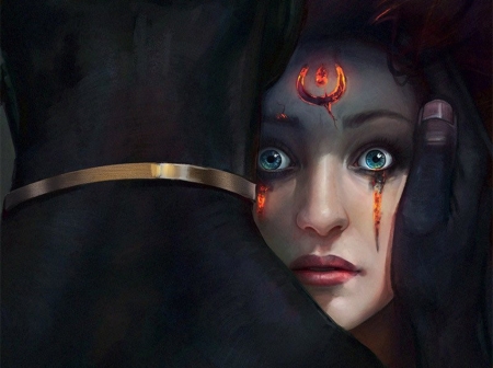 Fyrebound - girl, eyes, sam hogg, red moon, fyrebound, black, fantasy, face, art, luminos