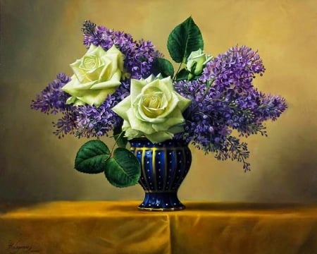 Roses and lilacs - yellow, trandafir, lilac, flower, pieter wagemans, pictura, purple, painting, rose, art