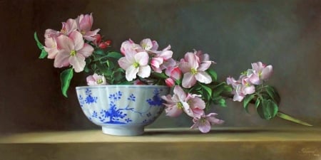 Spring - sakura, blue, blossom, spring, pink, pieter wagemans, pictura, bowl, painting, art, luminos