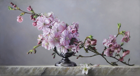 Spring - vase, cherry blossom, sakura, spring, flower, pink, pieter wagemans, pictura, painting, art, luminos