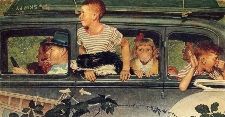 Holiday - people, caine, painting, art, children, car, dog, pictura, norman rockwell