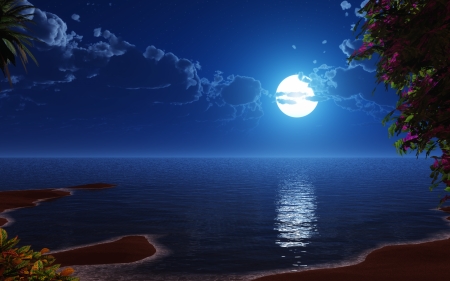 Moonlight - moon, water, summer, blue, sea, reflection, fantasy, white, full, vara, luminos, luna