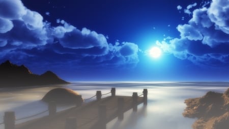 Moonlight - moon, beach, sky, vara, night, summer, white, cloud, blue, luna, pond