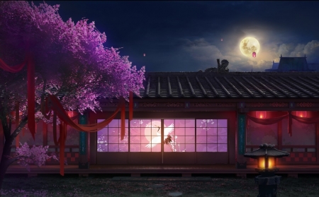 Moonlight - moon, yanchong lim, night, frumusete, crane, fantasy, pasare, spring, bird, pink, luminos, luna, tree