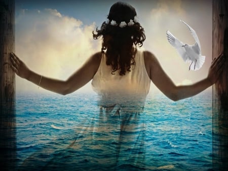 Freedom - woman, nature, sky, ocean, dove, clouds, water, flowers