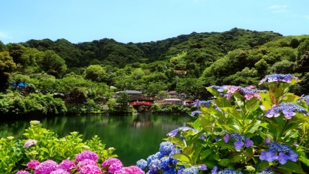 Green Lake - nature, lake, green, mountains, flowers, huts