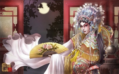 Moonlight - moon, hand fan, yellow, jiajia, girl, fan, fantasy, asian, luna