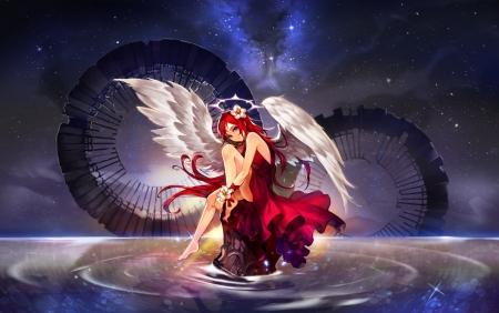 Angel - red, elran, anime, girl, blue, manga, wings, white, fantasy, angel