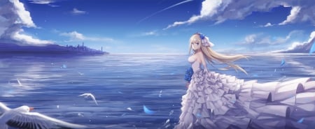 Bride - cloud, bird, wind, water, seagull, anime, bride, girl, dress, blue, manga, white, pasare, sea, ain