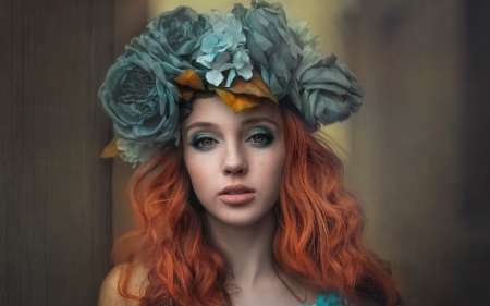 Beauty - woman, redhead, girl, wreath, model, face, anna bucek, blue, flower, wiktoria