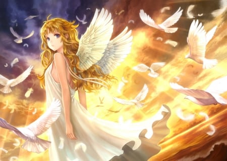 Angel - dove, angel, girl, wings, fantasy, pasare, bird, white, siro, yellow, feather, anime, manga