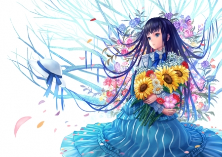 Girl - siro, girl, blue, anime, flower, dress, manga