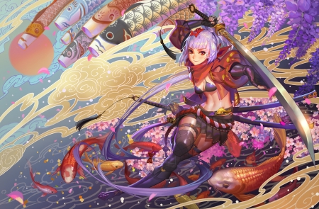 Samurai - red, sword, purple, katana, alphonse, anime, girl, manga, fish