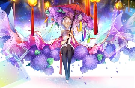 â™¥ - parasol, hydrangea, purple, lantern, vocaloid, umbrella, man, red, anime, manga