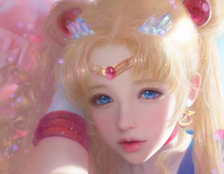 Sailor Moon - ruoxin zhang, anime, blue, blonde, pink, sailor moon, frumusete, manga, fantasy, serenity, face, luminos