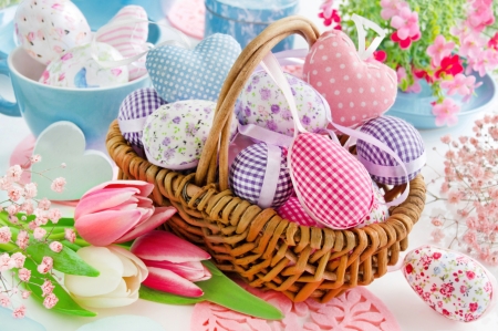 Happy Easter! - easter, basket, blue, egg, flower, pink, tulip