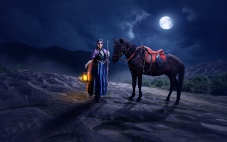 Midnight Moon - woman, moon, horse, night, midnight