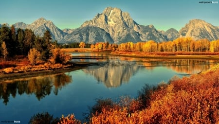 Autumn in the Mountains - trees, nature, autumn, lake, grass, forest, mountains, reflection