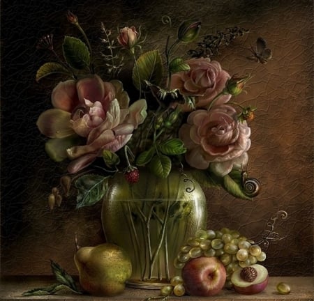 Roses - trandafir, cornacchiaart, fantasy, rose, vase, luminos, pink, cornacchia art, flower