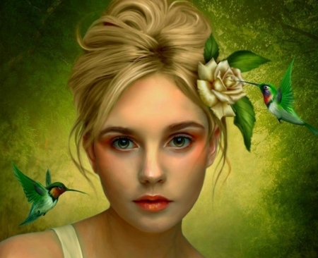 Beauty - beauty, girl, rose, fantasy, pasare, face, elenadudina, colibri, hummingbird, luminos, green, flower