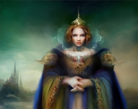 The Queen - girl, bente schlick, fantasy, queen, art, yellow, luminos, blue, green