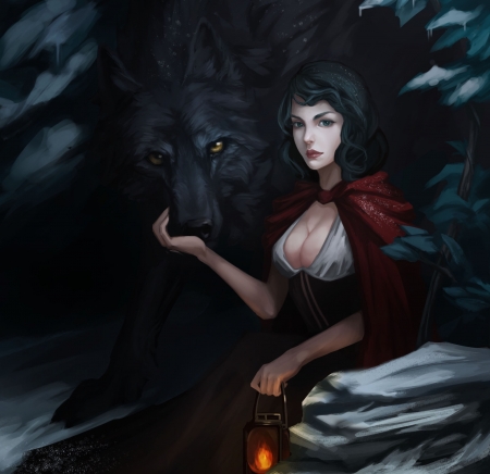 Red Riding Hood - marilyn zhuang, girl, red riding hood, fantasy, black, wolf, art, dark, red, luminos, animal