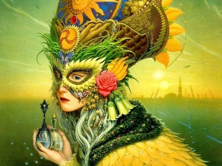 Summer Queen - feather, mask, yellow, girl, bottle, michael whelan, art, fantasy, summer queen, hand, luminos, green