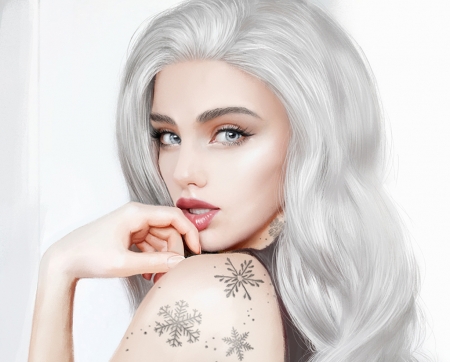 Ice princess - tattoo, winter, girl, omrikoresh, frumusete, fantasy, white, snowflake, hand, face, ice princess, luminos