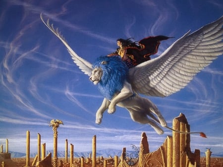 â™¥ - girl, michael whelan, blue, art, wings, white, fantasy, luminos, lion