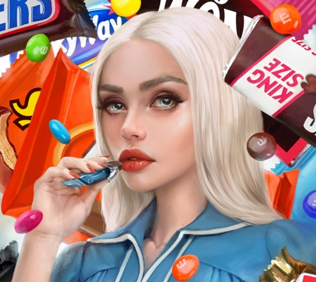 Candies - omrikoresh, girl, fantasy, face, candy, blue, luminos, orange, sweet, blonde