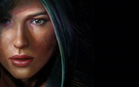 Lara Croft - face, rise of the tomb raider, omrikoresh, girl, luminos, lara croft, black, fantasy