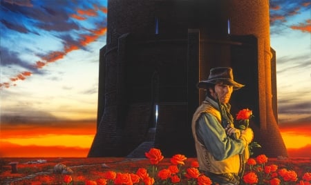 Dark tower - michael whelan, flower, man, fantasy, dark tower, cowboy, red, rose, art, luminos