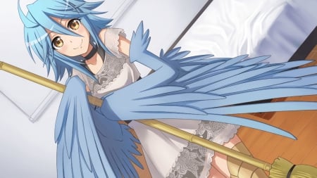 Papi Cleaning - Gold Eyes, Anime Girl, Blushing, Dress, Smile, Broom, Bird Girl, Papi, Anime, Monster Musume, Blue Feathers, Blue Hair, Bed, Big Eyes