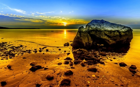 Rocks on the Beach - nature, sky, beach, sunset, sand, rocks