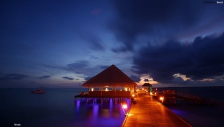 A Beautiful House On Ocean - sky, lights, reflection, evening, house, ocean, nature