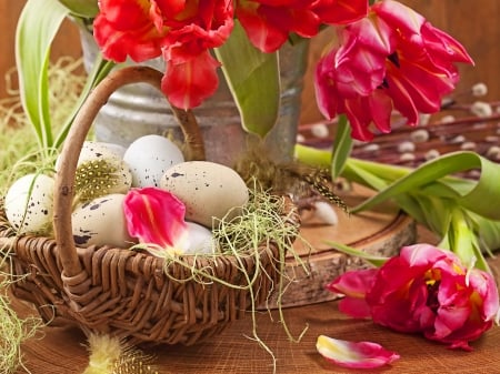 Spring holiday - eggs, flowers, easter, basket, holiday, decoration, arrangement, spring