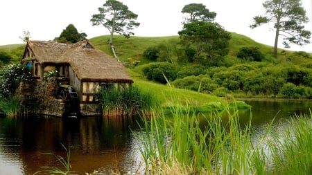 House Near The Lake - house, trees, hills, nature, green, lake