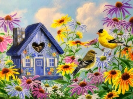 Tweethearts - tweethearts, animals, summer, spring, nature, bird house, love four seasons, family, paintings, flowers, garden, songbirds, birds