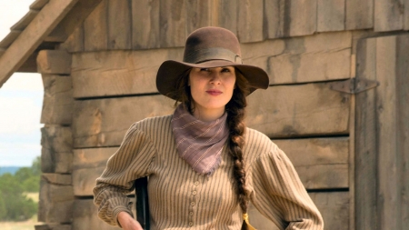 Out West . . - women, female, actors, brunettes, western, cowgirl, style, outdoors, barn, ranch, movies