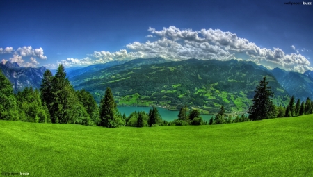 Mountains  Landscape - nature, landscape, snow, grass, mountains, sky